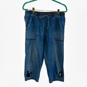 Vintage Cat Embroidered Blue Denim Pants Jeans KT Sport 31” M cropped retro